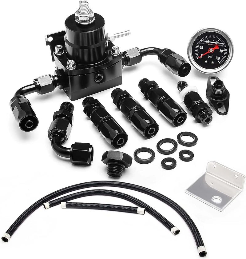 Plobeda EFI Fuel Pressure Regulator Kit with Bypass Return 0-100psi Pressure Gauge AN6-6AN Fuel Line Hose Fitting Connectors Kit Adjustable Universal Aluminum (black) - Image 1
